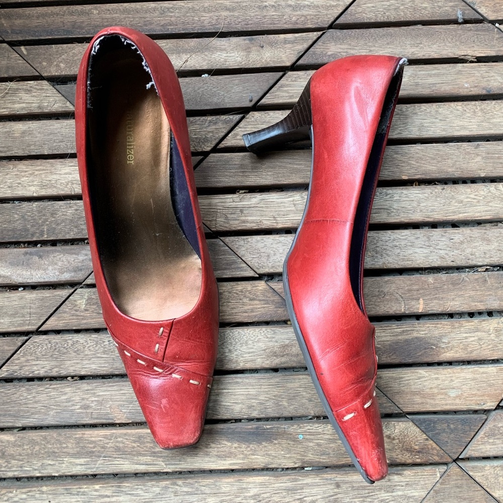 Red square toe pumps